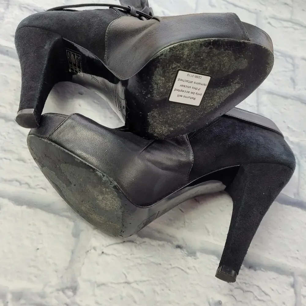 Jenni Kayne Black Suede & Leather Pleated Ankle Peep Toe Boots size 38